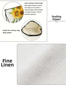 Detail view of sunflower linen makeup bag with non-slip zipper and internal storage space
