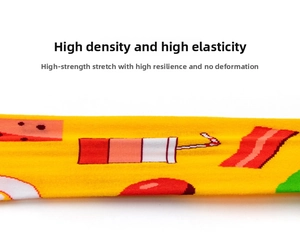 Close-up of high-elasticity pizza socks showing stretchable fabric and food patterns