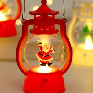 Detail of red Christmas lantern featuring Santa Claus inside a glowing crystal sphere