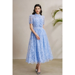 Sky blue lace embroidered midi dress with stand collar ruffle trim and puff sleeves