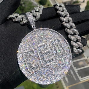 Hip hop silver cuban chain with large shield GEO pendant iced out with clear zircon stones
