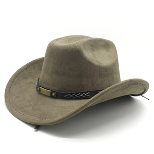 Close-up of khaki suede cowboy hat featuring leather band with blue arrow embroidery
