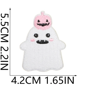 Detailed size view of Halloween ghost patch with pink pumpkin and embroidery texture