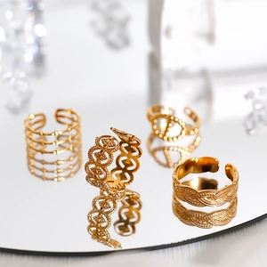 Set of 18k gold plated stainless steel open rings with hollow and braided patterns