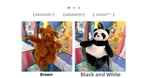 Close-up of cute plush bear and panda backpacks in brown and black-white colors