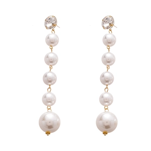 Vintage geometric long drop earrings with white pearls and sparkling rhinestones