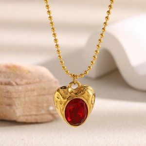 18K gold plated stainless steel heart necklace with red gemstone on a bead chain