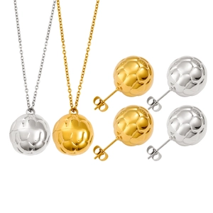 Titanium steel jewelry set with gold and silver polished soccer ball pendants and studs
