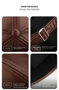Close-up of brown PU leather skull cap showing adjustable metal buckle and neat stitching