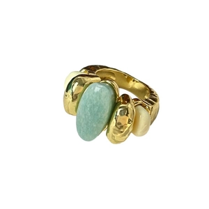 Vintage gold hammer textured ring with mint green and milky white oval stone insets