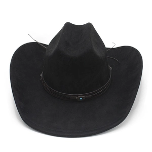 Detail of black faux suede cowboy hat with brown braided band and turquoise stone accent