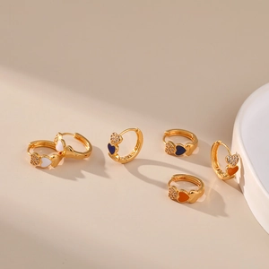 18K gold plated brass heart hoop earrings with colorful enamel oil and zircon stones