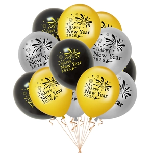 2026 Happy New Year party balloons in gold, silver and black with fireworks prints