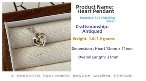 Detail view of two-tone S925 sterling silver heart pendant with vintage finish dimensions