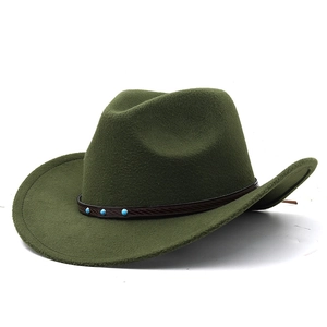 Detail of dark green fedora with leather band and turquoise studs in Western style