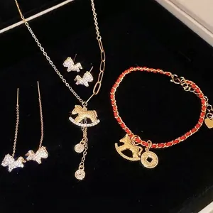 Rocking Horse Necklace Red String Bracelet 925 Sterling Silver Earring Post Gold Plated Copper Jewelry Cubic Zirconia