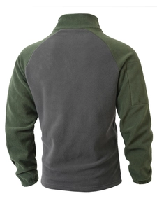 Rear view of tactical fleece jacket featuring olive green raglan sleeves and charcoal body