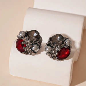 Vintage cluster earrings with red crystals, smoke grey stones and grey pearls