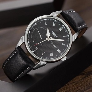 Business quartz watch for men with black dial, silver case and leather strap