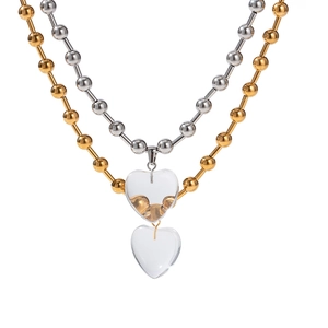 Minimalist double-layer titanium steel bead necklace with clear heart pendant