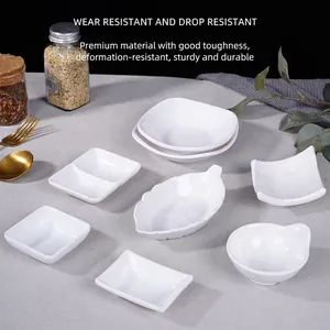 White melamine dipping sauce dishes in various shapes for sushi and tabletop dining