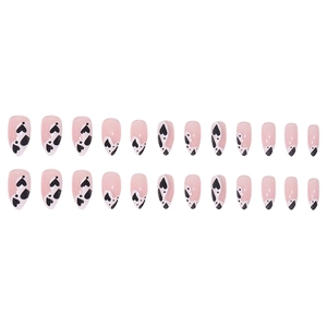 Pink almond press on nails featuring black heart and cow patterns, set of 24 pieces