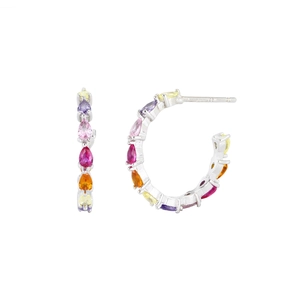 925 Sterling Silver C-Shape Hoop Earrings with Rainbow Zircon Gemstones Display
