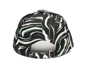 Detail of colorful marble pattern baseball cap with adjustable silver metal buckle back