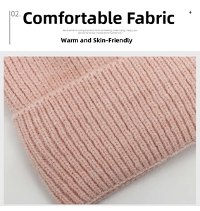 Close-up of soft light pink ribbed knit fabric detail for warm winter beanie hats