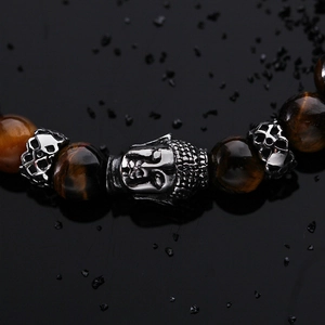 Retro Buddha head tiger eye beaded bracelet for men in stainless steel and yellow stone