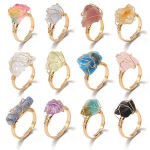 Handmade Wire Wrapped Raw Stone Ring Natural Crystal Alloy Adjustable Bohemian Vintage Jewelry Women