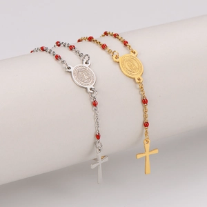 Religious rosary bracelet with red beads, Madonna medal and cross in gold and silver finish
