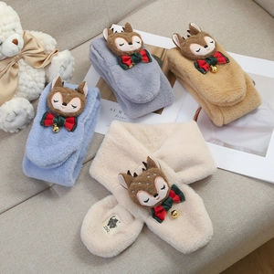 Kids Plush Scarf Faux Rabbit Fur Warm Neck Warmer Cartoon Deer Decoration With Bowknot And Bell Winter Outdoor