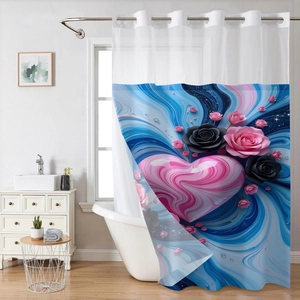Detail of waterproof shower curtain featuring blue swirls and pink rose floral patterns
