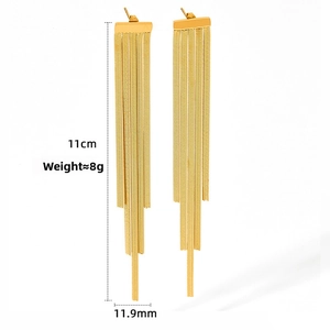 Detailed view of 11cm gold tassel earrings showing chain length and 8g weight specs