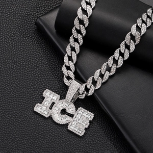Chaîne cubaine hip hop avec pendentif ICE violet serti de strass sur cuir noir