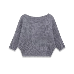 Gray off-the-shoulder batwing sleeve knit sweater with textured basket weave design