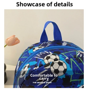 Detail of children's soccer backpack featuring a padded nylon handle and smooth zippers