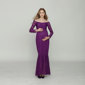 Deep purple lace maternity dress with off-shoulder design and mermaid skirt for photoshoot