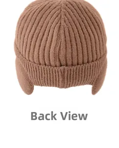 Detailed back view of a brown knitted earflap hat with thick textured thermal insulation