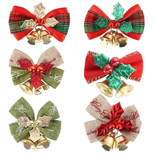 Christmas Mini Bows With Metal Bells And Holly Leaves Fabric Ribbon Ornaments For Xmas Tree Wreath Gift Wrapping Decor