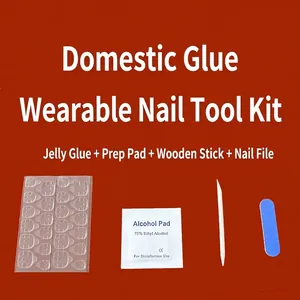 Press-on nail tool kit including adhesive tabs, alcohol pad, wood stick, and mini file