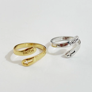 Minimalist 925 sterling silver adjustable rings with Faith cross engraving in gold and silver