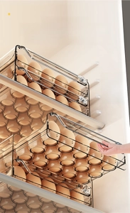 Detail of 2-tier transparent egg storage drawer with automatic slope and 60-egg capacity