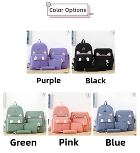 Detail view of the 4-piece cute cat-themed backpack set in five fresh color options