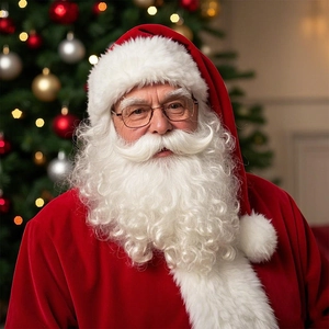 Classic Santa Claus costume set with velvet jacket, white beard, wig and glasses