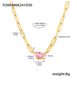 Detail showing 18k gold plated titanium necklace with dimensions and pink zircon pendant