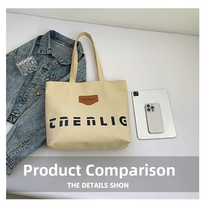 Detail view of large beige canvas tote bag with black CHENLIG lettering and leather tag