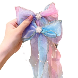Rainbow gradient tulle hair bow clip with pearls and long tassels for girls
