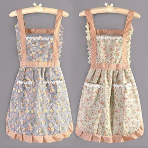Floral Canvas Apron With Pockets Ruffle Hem Lace Trim Polka Dot Princess Style For Kitchen Cooking Cleaning Women